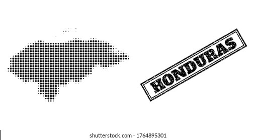 Halftone Karte von Honduras, und unscharfer Siegel. Halftone Karte von Honduras entworfen mit kleinen schwarzen sphärischen Gegenständen. Vektordichtung im Retro-Stil, doppelgerahmtes Rechteck, in schwarzer Farbe.