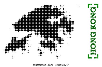 Halftone map of Hong Kong and rubber caption. Vector green title with corners and corroded rubber texture. Halftone map of Hong Kong designed with black pattern of circles.