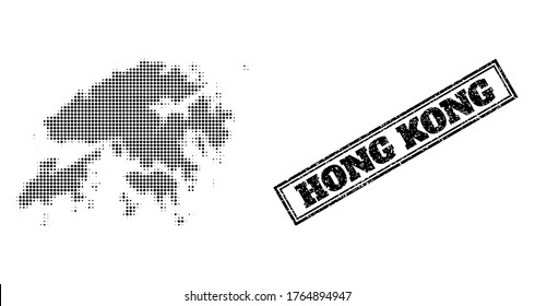 Mapa de semitono de Hong Kong, y marca de agua sucia. Mapa de semitono de Hong Kong construido con pequeños puntos de círculo negro. Marca de agua vectorial con estilo impuro, rectángulo doble enmarcado, en color negro.