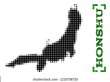 Halftone map of Honshu Island and corroded caption. Vector green title with corners and corroded rubber texture. Halftone map of Honshu Island constructed with black pattern of circles.