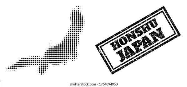 Halftone map of Honshu Island, and unclean watermark. Halftone map of Honshu Island generated with small black round dots. Vector watermark with grunge style, double framed rectangle, in black color.