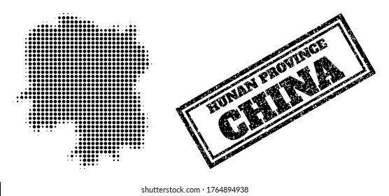 Halftone map of Hunan Province, and textured seal. Halftone map of Hunan Province generated with small black circle points. Vector seal with distress style, double framed rectangle, in black color.