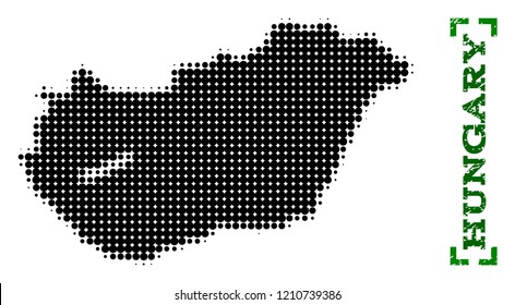 Halftone map of Hungary and rubber caption. Vector green title with corners and scratched rubber texture. Halftone map of Hungary constructed with black pattern of circles.