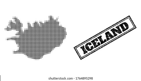 Halftone map of Iceland, and grunge seal. Halftone map of Iceland made with small black circle items. Vector seal with unclean style, double framed rectangle, in black color.