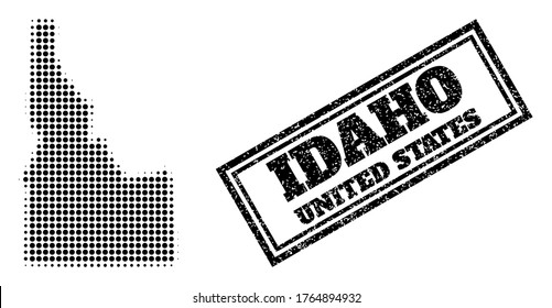 Mapa de semitono del estado de Idaho, y marca de agua raspada. Mapa de semitono del estado de Idaho construido con pequeños elementos de círculo negro. Marca de agua vectorial con estilo impuro, rectángulo doble enmarcado,