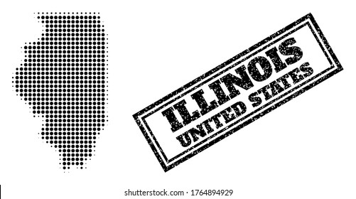 Mapa de semitono del estado de Illinois, y sello de sello de sellado de grunge. Mapa de semitono del estado de Illinois diseñado con pequeños objetos esféricos negros. Sello vectorial con estilo rayado, rectángulo doble enmarcado,