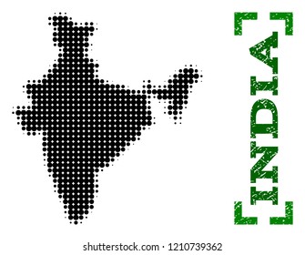 Halftone map of India and scratched caption. Vector green title with corners and retro rubber texture. Halftone map of India constructed with black pattern of circles.