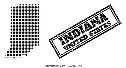 Halftone map of Indiana State, and textured seal stamp. Halftone map of Indiana State generated with small black round dots. Vector seal with corroded style, double framed rectangle, in black color.