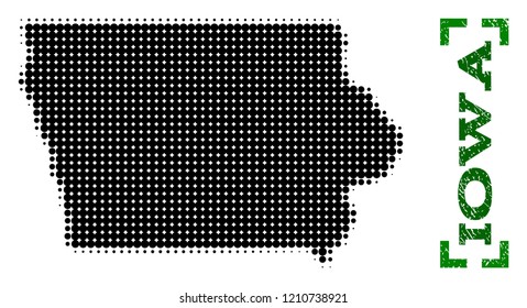 Halftone map of Iowa State and rubber caption. Vector green title with corners and unclean rubber texture. Halftone map of Iowa State designed with black pattern of circles.