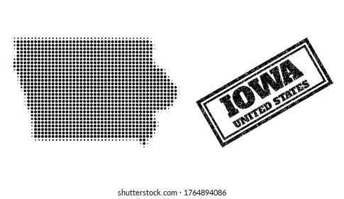 Halftone map of Iowa State, and unclean seal. Halftone map of Iowa State constructed with small black round items. Vector seal with scratched style, double framed rectangle, in black color.