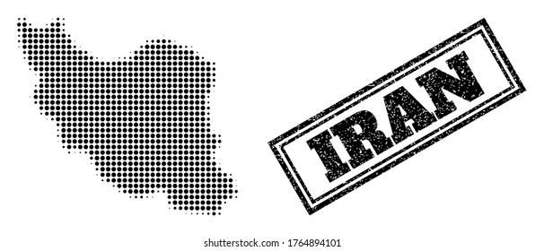 Halftone map of Iran, and scratched seal. Halftone map of Iran constructed with small black spheric elements. Vector seal with grunge style, double framed rectangle, in black color.