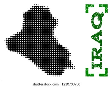 Halftone map of Iraq and rubber caption. Vector green title with corners and distress rubber texture. Halftone map of Iraq constructed with black pattern of circles.