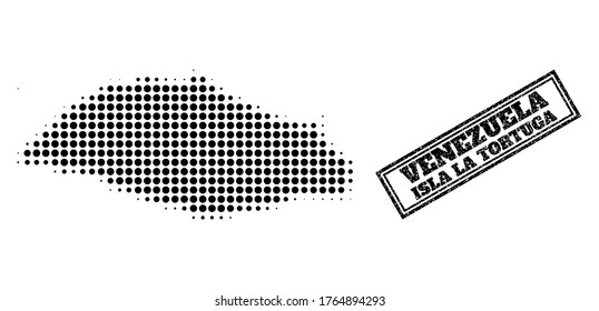 Halftone map of Isla La Tortuga, and grunge watermark. Halftone map of Isla La Tortuga constructed with small black round items. Vector watermark with scratched style, double framed rectangle,
