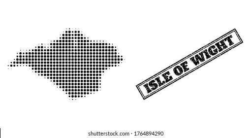 Halftone map of Isle of Wight, and unclean watermark. Halftone map of Isle of Wight made with small black round elements. Vector watermark with unclean style, double framed rectangle, in black color.