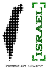 Halftone map of Israel and rubber caption. Vector green title with corners and grunge rubber texture. Halftone map of Israel designed with black pattern of circles. Flat design for political posters.