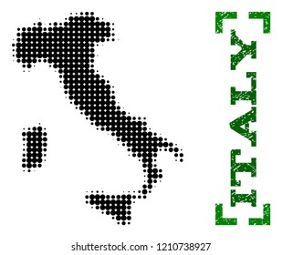 Halftone map of Italy and scratched caption. Vector green title with corners and scratched rubber texture. Halftone map of Italy designed with black pattern of circles.