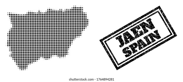 Halftone Karte der spanischen Provinz Jaen, und unsaubere Robbe. Halftone Karte der spanischen Provinz Jaen mit kleinen schwarzen runden Artikeln gemacht. Vektordichtung im Retro-Stil, doppelgerahmtes Rechteck, in schwarzer Farbe.