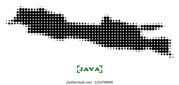 Halftone map of Java Island and rubber caption. Vector green title with corners and unclean rubber texture. Halftone map of Java Island designed with black pattern of circles.