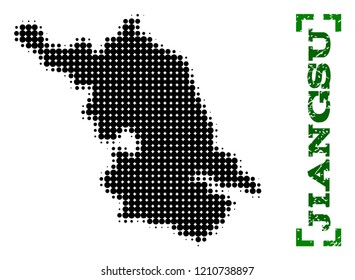 Halftone Map of Jiangsu Province and scratched caption. Vector green title with corners and scratched rubber texture. Halftone Map of Jiangsu Province constructed with black pattern of circles.