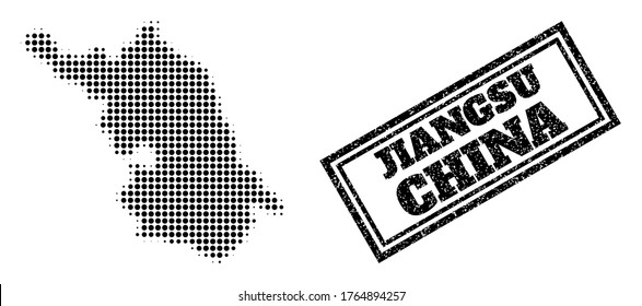 Halftone Map of Jiangsu Province, and unclean stamp. Halftone Map of Jiangsu Province made with small black spheric points. Vector imprint with unclean style, double framed rectangle, in black color.