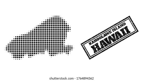 Halftone map of Kahoolawe Island, and textured seal. Halftone map of Kahoolawe Island designed with small black round elements. Vector seal with scratched style, double framed rectangle,