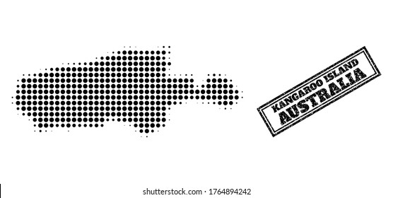 Halftone map of Kangaroo Island, and unclean seal stamp. Halftone map of Kangaroo Island constructed with small black spheric pixels. Vector seal with scratched style, double framed rectangle,