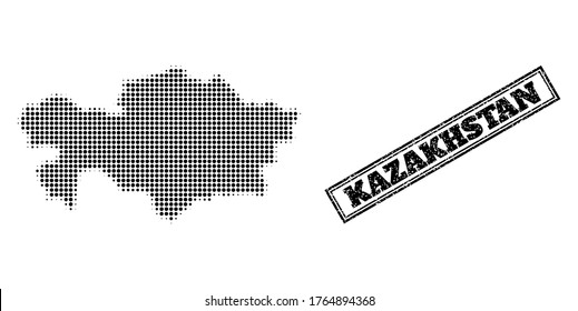Halftone map of Kazakhstan, and unclean stamp. Halftone map of Kazakhstan made with small black circle items. Vector seal with unclean style, double framed rectangle, in black color.