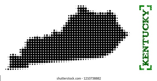 Halftone map of Kentucky State and rubber caption. Vector green title with corners and grunge rubber texture. Halftone map of Kentucky State designed with black pattern of circles.