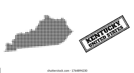 Halftone map of Kentucky State, and unclean seal stamp. Halftone map of Kentucky State made with small black spheric dots. Vector imprint with unclean style, double framed rectangle, in black color.
