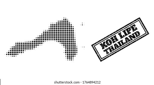 Halftone Karte von Koh Lipe, und unleane Robbe. Halftone Karte von Koh Lipe entworfen mit kleinen schwarzen Kreispunkten. Vektorwasserzeichen mit unscharfem Stil, doppelgerahmtes Rechteck, in schwarzer Farbe.