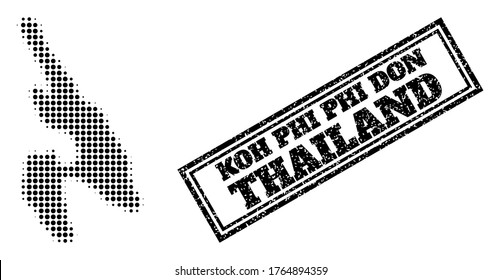 Halftone map of Koh Phi Don, and unclean seal stamp. Halftone map of Koh Phi Don constructed with small black circle dots. Vector imprint with unclean style, double framed rectangle,