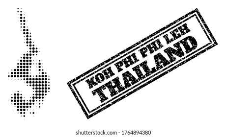 Halftone map of Koh Phi Leh, and grunge seal. Halftone map of Koh Phi Leh designed with small black circle elements. Vector seal with scratched style, double framed rectangle, in black color.