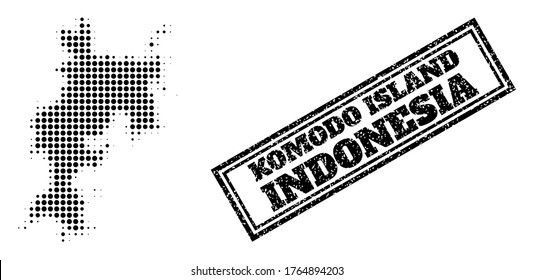 Mapa de semitono de la isla de Komodo, y sello texturizado de selva. Mapa de semitono de la isla Komodo generado con pequeños puntos esféricos negros. Sello vectorial con estilo de distracción, rectángulo doble enmarcado, en color negro.