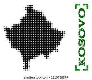 Halftone map of Kosovo and rubber caption. Vector green title with corners and distress rubber texture. Halftone map of Kosovo designed with black pattern of circles.