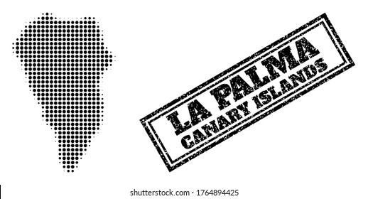 Halftone map of La Palma Island, and textured seal stamp. Halftone map of La Palma Island generated with small black round elements. Vector seal with retro style, double framed rectangle,