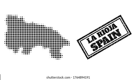 Halftone map of La Rioja Spanish Province, and rubber seal stamp. Halftone map of La Rioja Spanish Province constructed with small black spheric items. Vector seal with scratched style,