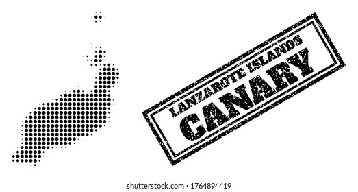 Halftone map of Lanzarote Islands, and grunge seal stamp. Halftone map of Lanzarote Islands made with small black circle items. Vector seal with unclean style, double framed rectangle, in black color.