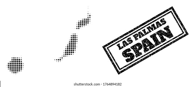 Halftone map of Las Palmas Province, and unclean watermark. Halftone map of Las Palmas Province constructed with small black round dots. Vector watermark with unclean style, double framed rectangle,