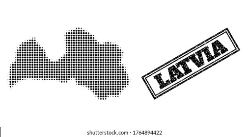 Halftone map of Latvia, and dirty watermark. Halftone map of Latvia constructed with small black round dots. Vector watermark with grunge style, double framed rectangle, in black color.