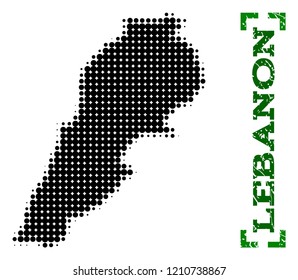 Halftone map of Lebanon and rubber caption. Vector green title with corners and corroded rubber texture. Halftone map of Lebanon designed with black pattern of circles.