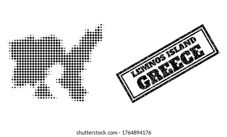 Mapa de semitono de la isla de Lemnos, y sello de sello de sellado de grunge. Mapa de semitono de la isla de Lemnos hecho con pequeños píxeles redondos negros. Sello vectorial con estilo grunge, rectángulo doble enmarcado, en color negro.