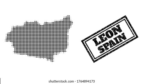 Halftone Karte der Provinz Leon, und Grunge Wasserzeichen. Halftone Karte der Provinz Leon mit kleinen schwarzen runden Elementen. Vektorwasserzeichen mit Grunge-Stil, doppelgerahmtes Rechteck, in schwarzer Farbe.