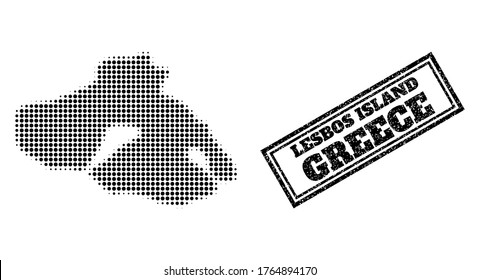 Halftone map of Lesbos Island, and scratched seal. Halftone map of Lesbos Island generated with small black circle elements. Vector seal with scratched style, double framed rectangle, in black color.