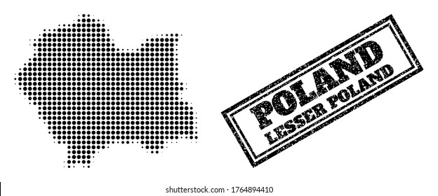 Halftone map of Lesser Poland Province, and scratched seal. Halftone map of Lesser Poland Province designed with small black spheric points. Vector seal with distress style, double framed rectangle,