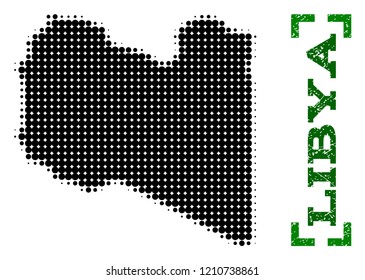 Halftone map of Libya and corroded caption. Vector green title with corners and corroded rubber texture. Halftone map of Libya constructed with black pattern of circles.