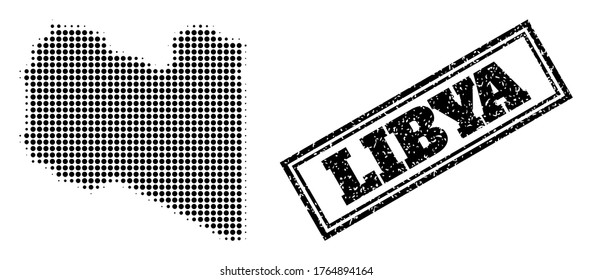 Halftone map of Libya, and rubber watermark. Halftone map of Libya made with small black round pixels. Vector watermark with distress style, double framed rectangle, in black color.