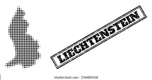 Halftone map of Liechtenstein, and grunge seal. Halftone map of Liechtenstein made with small black spheric elements. Vector seal with grunge style, double framed rectangle, in black color.