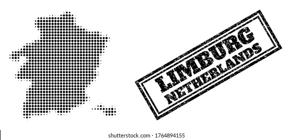 Halftone map of Limburg Province, and unclean seal stamp. Halftone map of Limburg Province made with small black circle points. Vector seal with scratched style, double framed rectangle,
