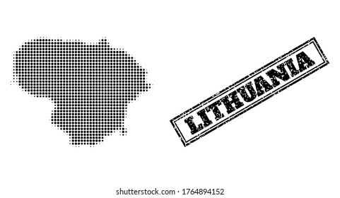 Halftone map of Lithuania, and dirty seal. Halftone map of Lithuania generated with small black circle elements. Vector watermark with unclean style, double framed rectangle, in black color.