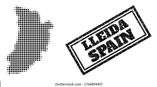Mapa de semitono de la provincia de Lleida y foca impura. Mapa de semitono de la provincia de Lleida construido con pequeños puntos de círculo negro. Sello vectorial con estilo corroído, rectángulo doble enmarcado, de color negro.